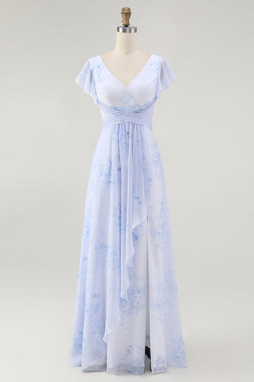 Blue Floral A-Line V Neck Backless Long Bridesmaid Dress with Slit